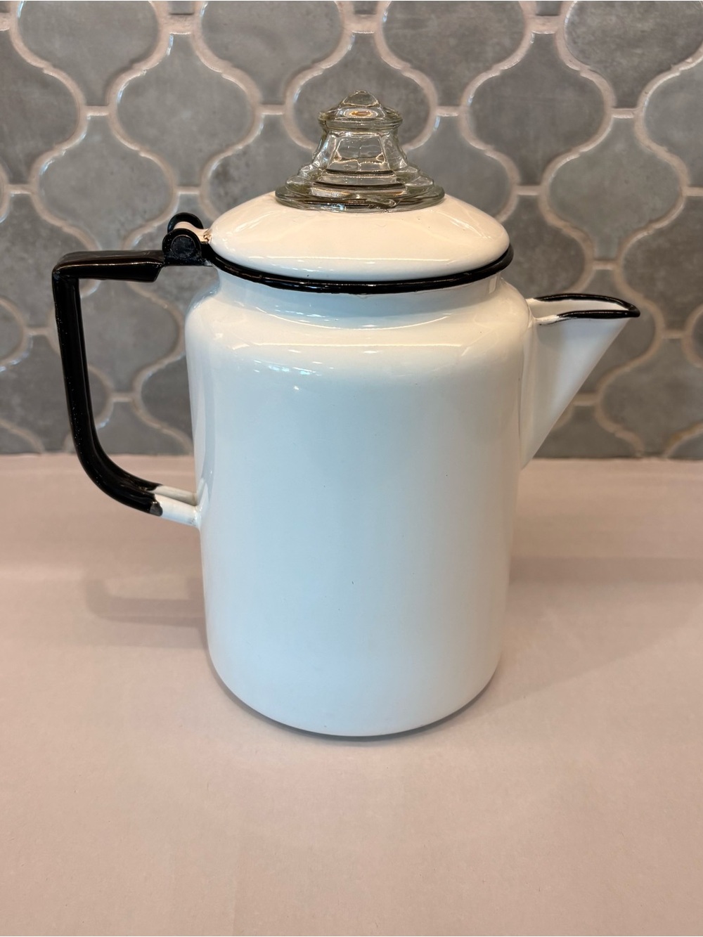 Vintage White Enamelware Coffee Pot Kettle Glass Knob